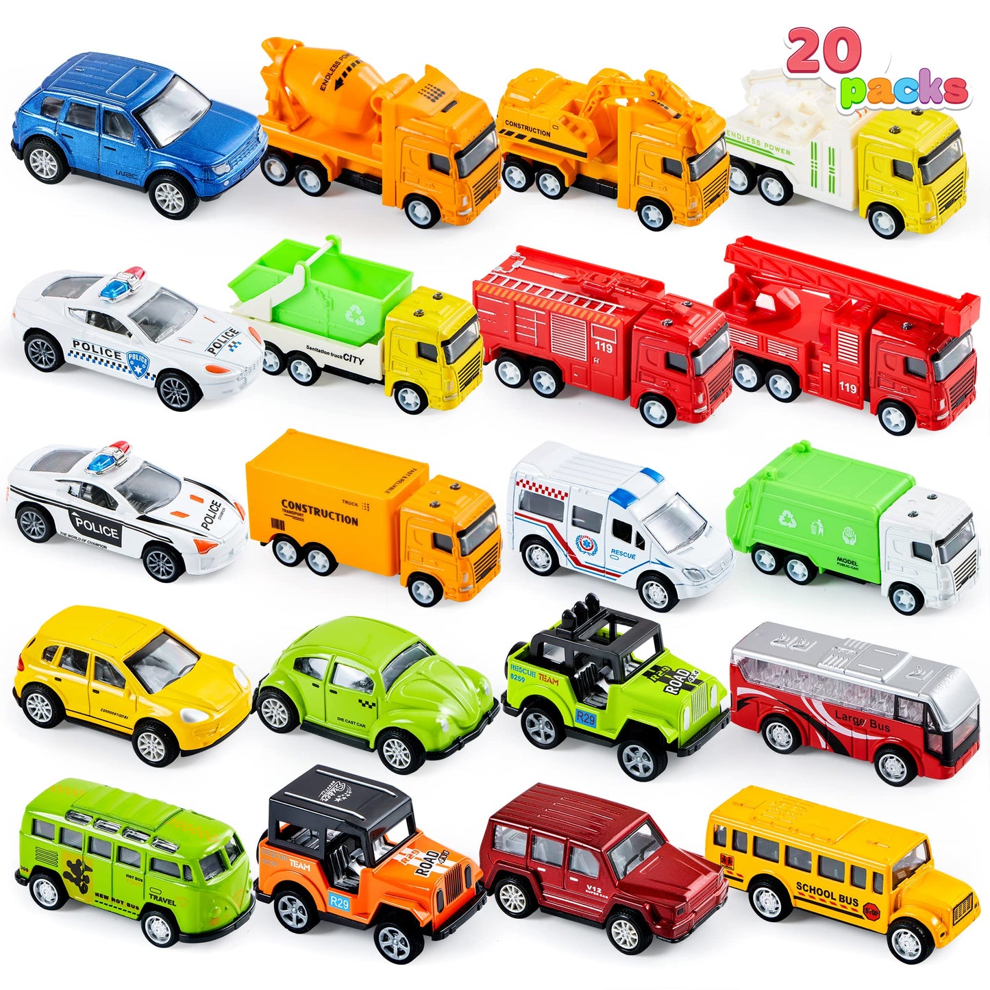 JOYIN 20PCS Die Cast Pull Back Cars, Metal Toy Cars, Car Toys Bulk, Vehicle Set for Toddlers, Kids Party Favors, Cake Toppers, Stocking Stuffers, Race Cars Toys for Boys