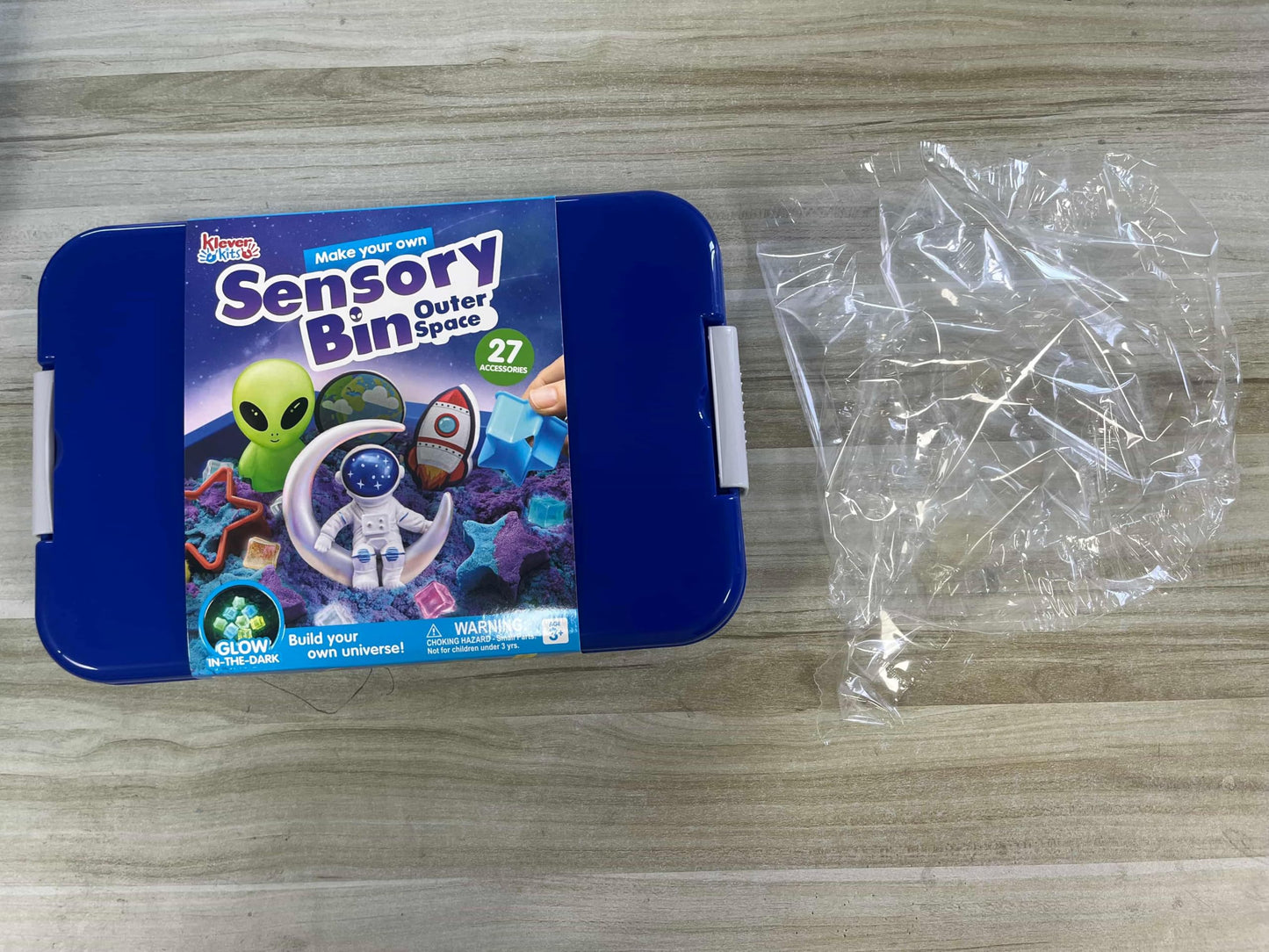 JOVA Klever Kits Outer Space Sensory Bin for Toddlers with Glow in The Dark Alien and Rocks, Sandbox with Lid Dual-Color Sand, Preschool Learning Activities Gifts for Boys Girls Age 3+