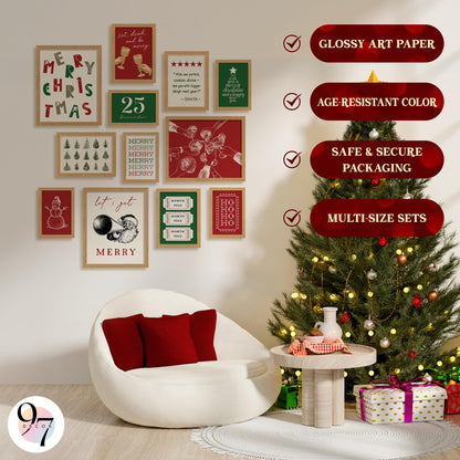 97 Decor Retro Christmas Prints Unframed - Trendy Christmas Posters For Room Aesthetic, Classic Holiday Artwork Winter Pictures, Funny Merry Xmas Painting Santa Pine Tree Gallery Wall Art For Bedroom