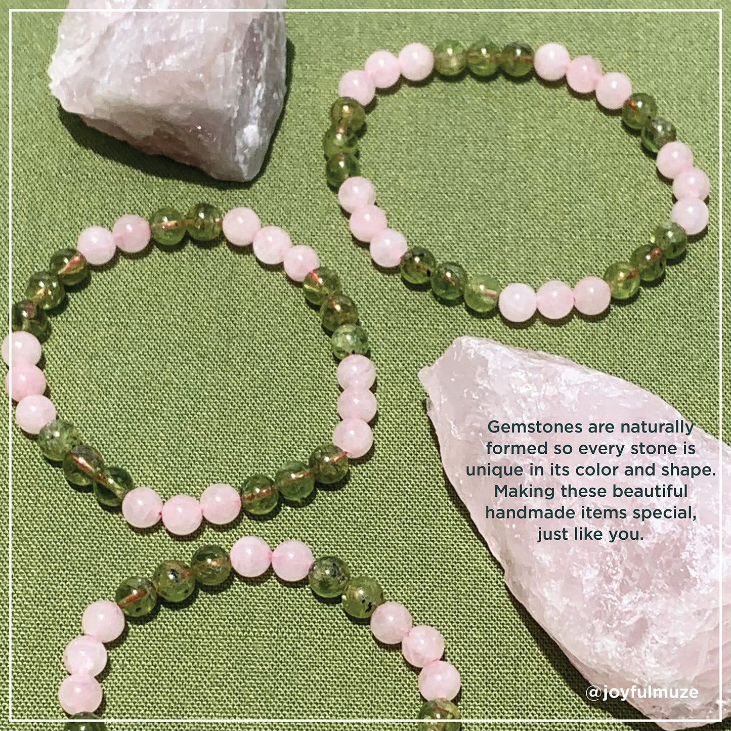 Joyfulmuze Handmade Stretch Bracelet Rose Quartz and Peridot, Natural Green Pink Stone, Simple Genuine Beaded Stretch Cuff 8mm, Healing Chakra Bracelet, Gifts for Women. 6.5-7 inch Wrist