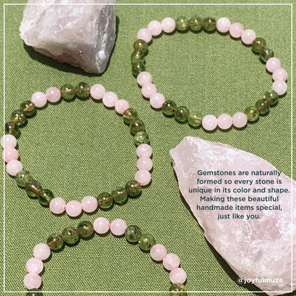 Joyfulmuze Handmade Stretch Bracelet Rose Quartz and Peridot, Natural Green Pink Stone, Simple Genuine Beaded Stretch Cuff 8mm, Healing Chakra Bracelet, Gifts for Women. 6.5-7 inch Wrist