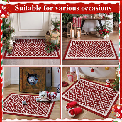 Ileading Christmas Entrance Door Mat, Absorbent Dog Mats for Muddy Paws, Low-Profile Small Red Xmas Decor Kitchen Runner Rug with Non-Slip Backing, Machine Washable Entryway Welcome Mat(Red 24"X36")