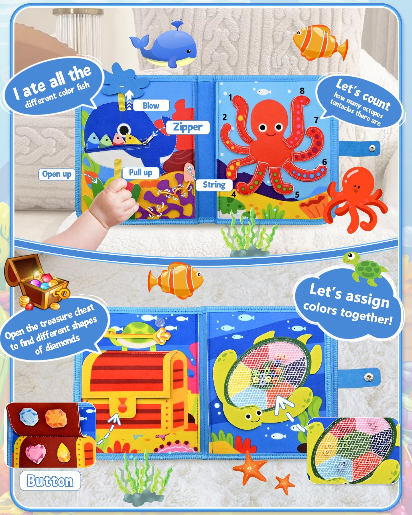 Meafeng Ocean Busy Book for Toddlers 1-3 - Montessori Learning Toy with Sea Animals & Life Skills, Travel Quiet Book for 1 2 3 Year Old Boys Girls, Educational Toddler Toy for Car & Airplane Travel