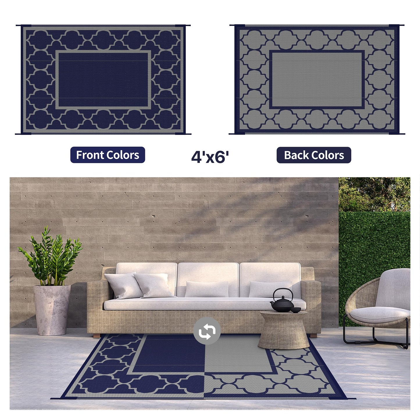 GENIMO 4 ' x 6 ' Outdoor Rug for Patio Clearance, Waterproof Indoor Outdoor Plastic Straw Rugs Carpet, Reversible Outside Area Rv Mat for Camping, Balcony Porch, Deck, Picnic, Beach (Blue & Gray)