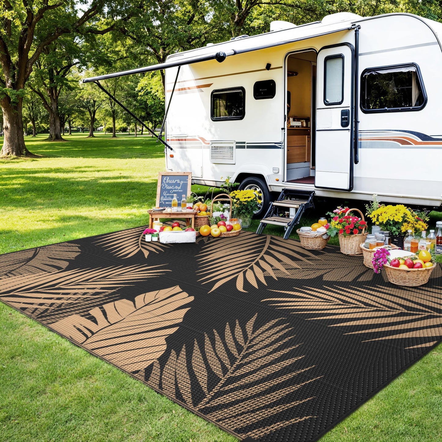 sarben Outdoor Rug 4’x6’ Waterproof for Patio Clearance, Reversible Indoor Outdoor Plastic Straw Camping Rug Carpet, RV Mat, Large Area Rug for Deck, Backyard, Balcony, Porch, Beach, Black & Brown