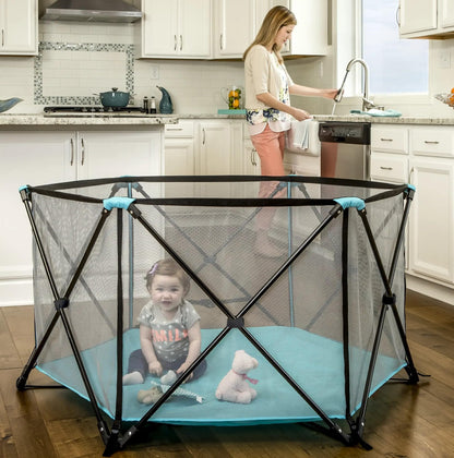 Regalo Safety My Play Portable Baby Playpen & Play Yard, Foldable 6-Panel Indoor Outdoor Playpen for Babies & Toddlers, Mesh Sides, Washable Fabric, 48”, Aqua/Black