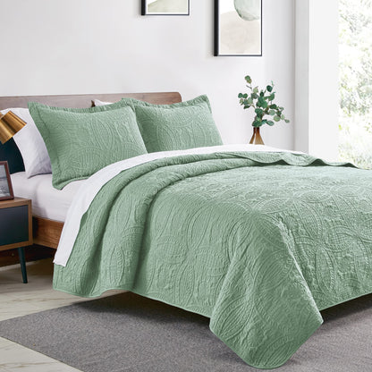 Love's cabin Quilts for Queen Bed Sage Bedspreads - Soft Bed Summer Lightweight Bedspread Comforter - Modern Style Coin Pattern Coverlet for All Season - 3 Pieces (1 Quilt, 2 Pillow Shams)