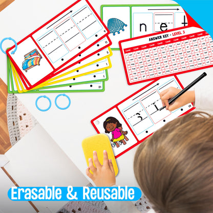 CVC Word Writing Cards, 100 Double-Sided Handwriting Cards 3-Level Short Vowel Spelling Flashcards CVC Sight Words Early Educational Tool for Kids 3 4 5 Years Old (3 Plastic Rings Included)