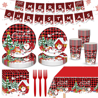 AWLZJZQA 122 PCS Christmas Party Supplies Serve 24 Guests Merry Christmas Plates and Napkins Party Decorations Disposable Dinnerware Decor Snowman Santa Claus Red Grid