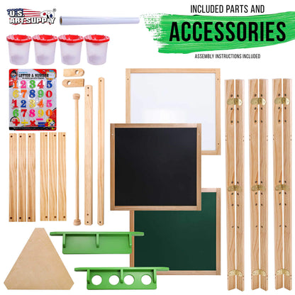 U.S. Art Supply Three Sided Art Station, Wooden Activity Easel with Paper Roll & Shelf - Easel for Drawing, Magnetic Whiteboard, Chalkboard Artist Station & Plastic Paint Cups