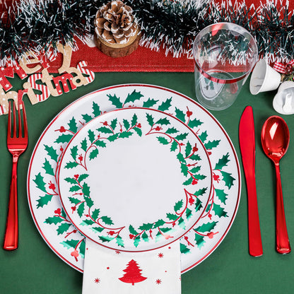 WDF 175Pcs Disposable Christmas Plates & Napkins - 25 Dinner & Dessert Plates, 25 Utensils, 25 Cups, 25 Christmas Napkins