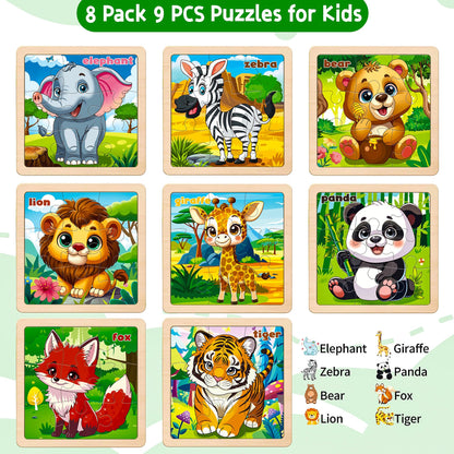 Wooden Animals Puzzles for Toddlers 2-4, 8 Pack 9 PCS Jigsaw Puzzles for Kids 2-4, Wooden Puzzles for Toddlers 3-5, Animal Puzzles for Kids 3-5, Preschool Puzzles Learning Educational Sets Toys