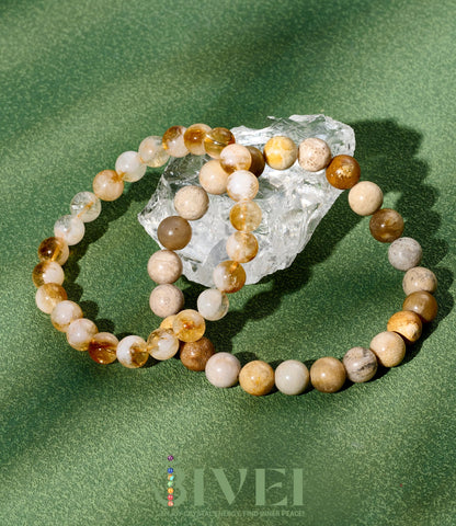 Bivei Natural Gemstone Semi Precious Crystals Handmade Stretchy Round Beads Bracelet, Enhance Positive Energy,Stocking Stuffers for Women(Citrine & Coral Jade (Wealth) Medium)