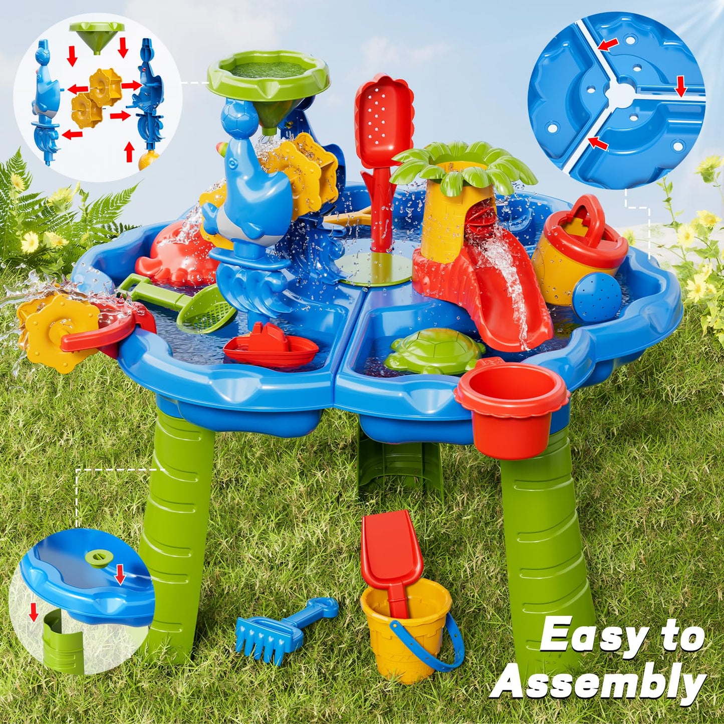 Guminnara 3 in 1 Water Table for Toddlers 1-3 Years, Kids Summer Activity Sensory Play Outdoor Beach Backyard Sand Water Table Toys for Toddlers 18M+, Birthday Gift Toys for Boys Girls