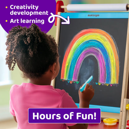 Blue Squid Art Easel for Kids with Paper Roll x 3, Includes 100+ Accessories, Double Sided Adjustable Wooden Painting Easel with Magnetic Chalk Board, White Board for Toddlers Ages 3,4,5,6,7,8,9,10,12