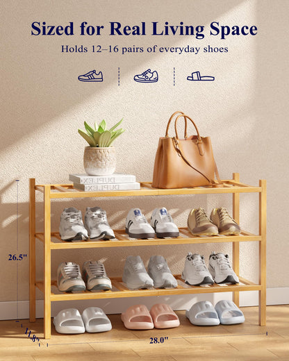 Kitsure Bamboo Wooden Shoe Rack for Closet - Stackable Shoe Organizer with Modular Structure, Space-Saving Shoe Shelf for Entryway, Living Room, Bedroom, 26.8" x 11" x 18.9", Natural