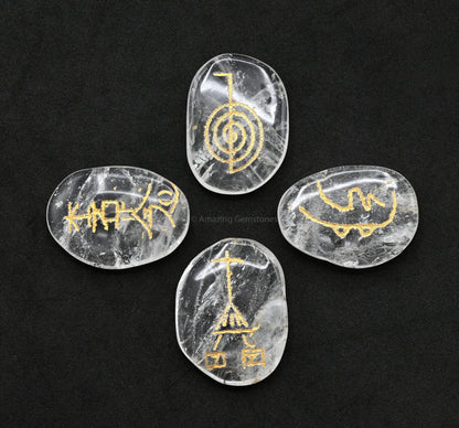 Amazing Gemstone Clear Quartz Crystal Reiki Stones with Engraved Symbols for Usui Reiki Healing, Set of 4 Pcs (Indian Handmade Reiki Gift Set)