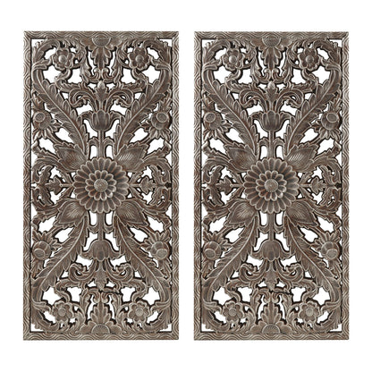 Madison Park Wall Art Living Room Décor - Floral Antiqued Wooden Carving Wall Decor Panel, Silver Embellished, Ready to Hang Wall Decor for Bedroom, 15.75"W x 31.5"L x 0.59"D, Bronze, 2 Piece