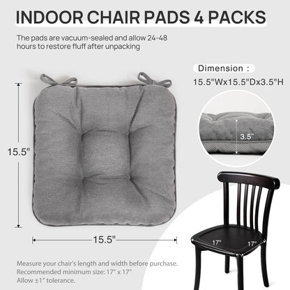 Love's cabin Memory Foam Chair Cushions Set of 4, 15.5"x15.5"x3.5" Indoor & Outdoor Seat Pads for Dining, Kitchen, Office, Patio Chairs - Grey