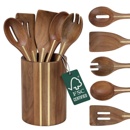 Acacia Utensil Set of 5 with Holder – Premium Wooden Cooking Utensils, Eco Friendly Acacia Wood Spatula & Spoon Set, Nonstick Safe Kitchen Tools