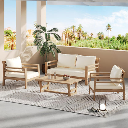 Christopher Knight Home Jamaia 4 Pieces Acacia Furniture Set, Patio Conversation Chat 2-Seat Sofa Set with Coffee Table, Outdoor Loveseat Chair Set for Garden Porch Backyard Balcony, Light Teak+Beige