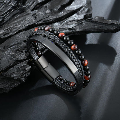 Raymard Mens Tiger Eye Matee Black Onyx Lava Rock Volcanic Stone Beaded Bracelet, Black Braided Leather Bracelet for Men-Matee Black Onyx&Lava Rock