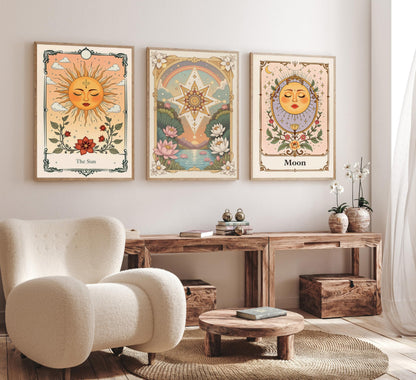 3pcs Sun And Moon Celestial Canvas wall art Tarot Astrology Paintings Pictures Wall Decor Boho Lotus Floral Posters Prints Artwork for Living Room Bedroom Dorm Apartment Home Decoration Unframed