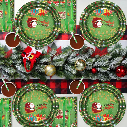 168PCS Christmas Plates and Napkins, Cartoon Santa Claus Snowman Christmas Disposable Dinnerware Set Party Supplies, Green Holiday Paper Plates Napkins Cups Cutlery for Xmas Serves 24
