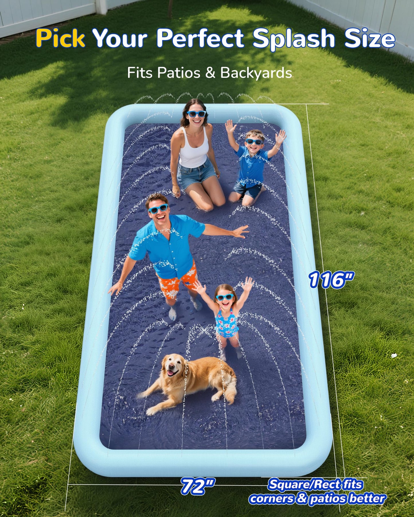 VISTOP Non-Slip Splash Pad for Kids and Dog, Thicken Sprinkler Pool Summer Outdoor Water Toys - Fun Backyard Fountain Play Mat for Baby Girls Boys Children or Pet Dog (116 * 72 inch,Blue&Blue)