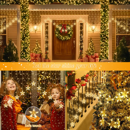 woohaha 118LED Star Icicle Lights,Window Curtain Light Plug in,8 Modes Timer Hanging String Lights,Connectable Warm White Star Lights for Bedroom Indoor Party Wedding Ramadan Christmas Decorations