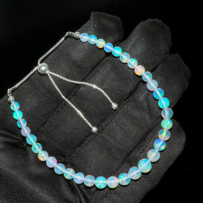CRYSTALINES Natural Ethiopian Opal Crystal Beaded Bolo Bracelet, Handmade Gemstone Jewelry, Silver Adjustable Clasp, Chakra Healing Stone, October Birthstone, Bohemian Gift for Women (Size-10inch)