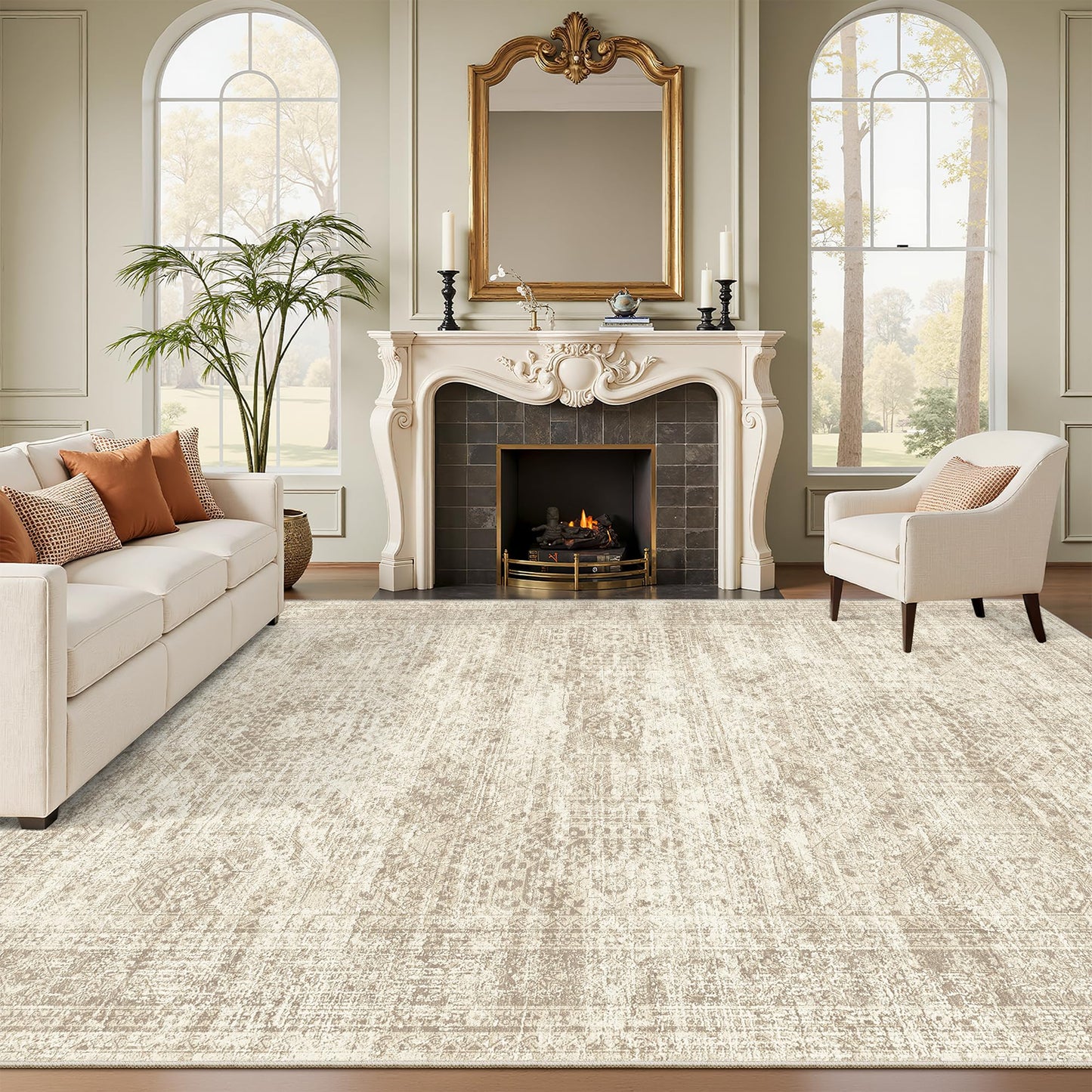 Soalmost Washable Area Rug 8x10, Large Soft Rugs for Living Room Vintage Beige Carpet 8x10 Area Rugs for Bedroom Dining Room Non-Slip Stain Resistant Under Table Rug