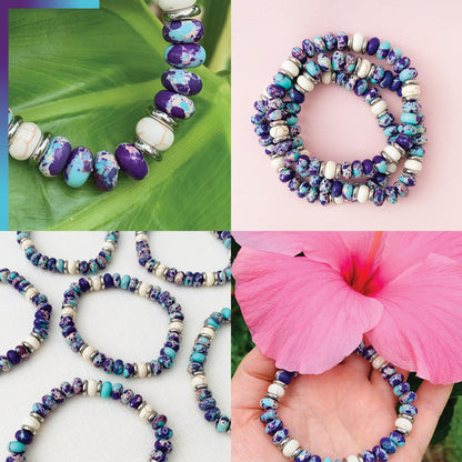 Joyfulmuze Purple and Blue Beaded Bracelets For Women, Emperor Turquoise and White Lava Marble Stone, Handmade Stretchable Multi Color Unisex Gift (Purple-Emperor+White-Marble-Lava)