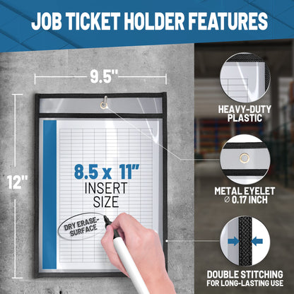 10 Pack Job Ticket Holders 8.5x11 - Work Order Plastic Sleeves for Documents - 8 1/2 x 11 Shop Ticket Holders - Dry Erase Pocket Sleeves - Dry Erase Pockets - Dry Erase Sleeve - Clear Pocket Sleeve