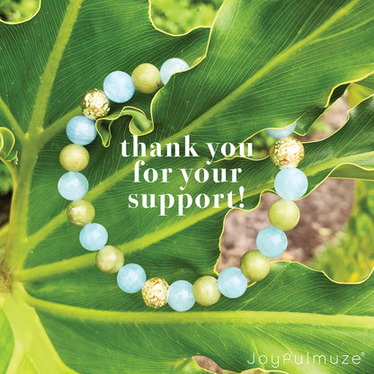 Joyfulmuze Aquamarine Serpentine Stretch Bracelet, Natural Blue and Green Round Gemstone, Handmade Spiritual Jewelry for Women Men, Gold Lava Beads, 17cm length (Aquamarine-Serpentinite-Lava Stone)