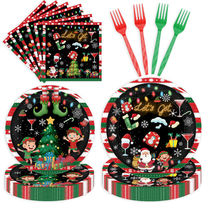 96 Pcs Lets Get Elfed Up Christmas Party Decorations, Festive Elf Santa Plates Napkins Forks for 24 Guests, Funny Holiday Tableware Set Party Supplies