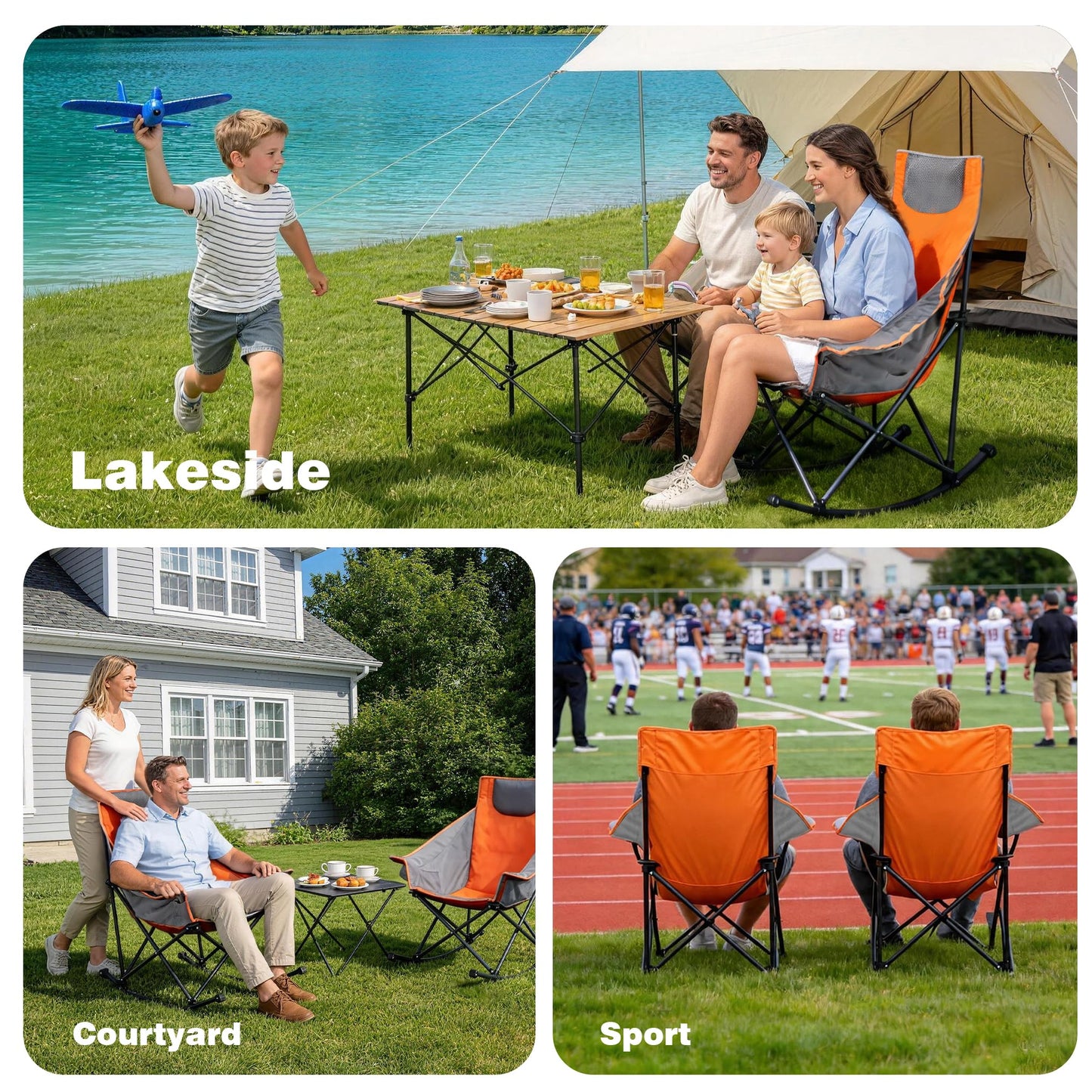 SUNNYFEEL Oversized Rocking Camping Chair, Fully Padded Patio Chair with Side Pocket, High Back Portable Lawn Recliner with Headrest, Outdoor Camp Rocker Chairs for Adults Heavy Duty 500 LBS Carry Bag