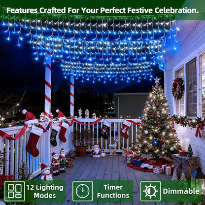 670 LED Christmas Lights with 148Drops, 66ft 12 Modes Hanging ice String Lights with Timer Dimmable & Waterproof, Plug-in Fairy Lights for Indoor Holiday Wedding Christmas Decorations Blue & CoolWhite