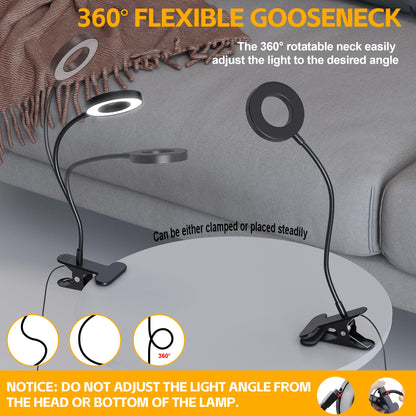 Foneso Desk Lamp Clip on Light, 48 LED USB Lamp with 3 Color Modes 10 Brightness Levels, 360° Flexible Gooseneck Eye Protection Bed Night Light for Reading, Makeup, Craft (Black)