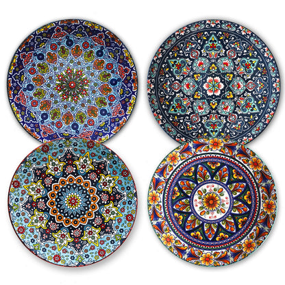 HASENSE Dinner Plate Set of 4, 10.5 Inch Porcelain Plates for Kitchen, Large Salad Plates for Steak, Dishes Set for Restaurant, Microwave, Oven & Dishwasher Safe for Christmas Gift, Bohemian