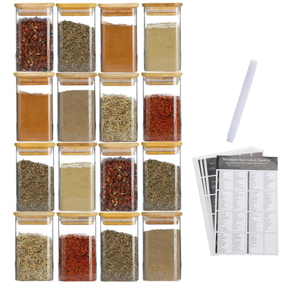 Homtop 16Pcs 9oz Spice Jars Glass Container with 275 Labels, Airtight Seasoning Empty Organizer with Bamboo Lid Set for Pepper, Salt, Sugar