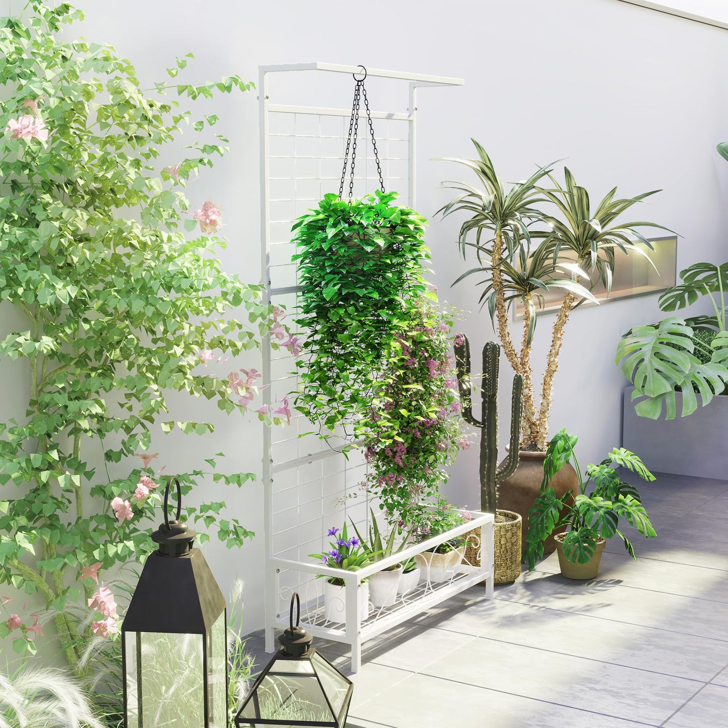 Outsunny Tall Plant Stand with Trellis and Hanging Bar, Metal Plant Holder Flower Stand for Vine Climbing Plants Flowers Indoor Outdoor Use, 36" x 12.8" x 74", White
