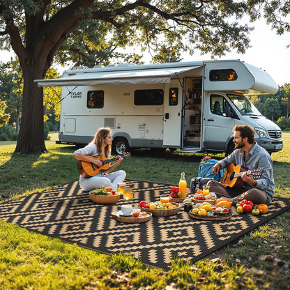 sarben Outdoor Rug for Patio - Waterproof Plastic Straw Camping Rugs 4x6 ft, Reversible Outdoor Indoor RV Mat Carpet for Patio, Porch, Deck, Balcony, Picnic, Beach, Black Brown