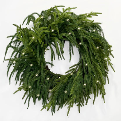 TOKCARE Norfolk Pine Wreaths for Front Door, 26Inch Real Touch Prelit Christmas Wreath with Lights 40 LED Green Faux Pine Wreath for Wall Windows Mantle Outdoor Christmas Decoration