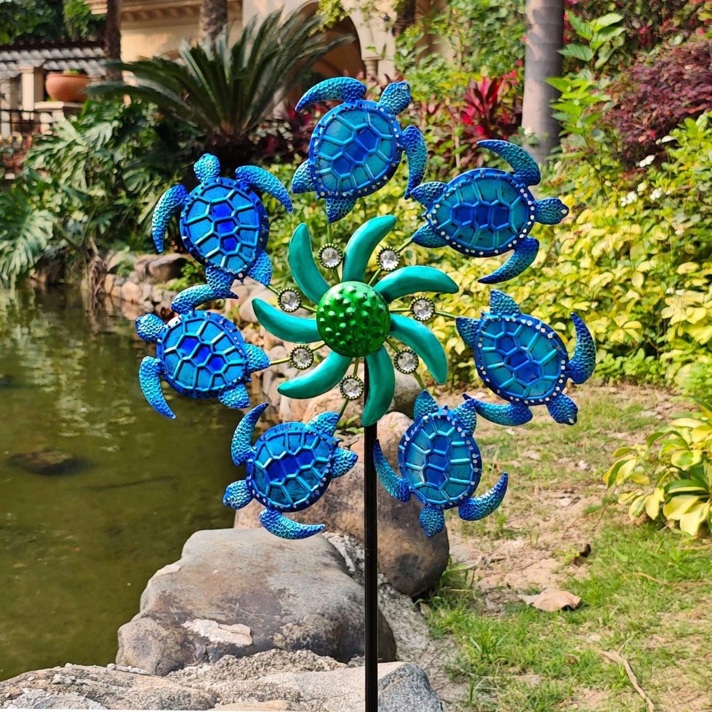 COOZZYHOUR 39" Sea Turtle Wind Spinners Metal Garden Stake-Outdoor Ocean Theme Wind Spinners -Wind Sculpture Yard Art Decorations for Patio,Lawn & Garden Decor-Blue