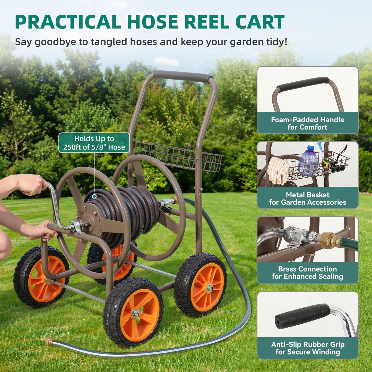 2026 Upgraded Hose Reel Cart with 10" NO-FLAT TIRES, 250FT 5/8" Heavy-Duty Steel Frame, Easy-Rolling All-Terrain Mobility for Tangle-Free Garden Hose Storage, Lawn Yard