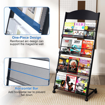 Qriocioa Brochure Display Stand 4 Layer Floor-Standing Magazine Rack Literature Newspaper Catalog Display Holder with Wheels and Top Billboard for Exhibitions,School, Hotel, Hospitals, Offices (Black)