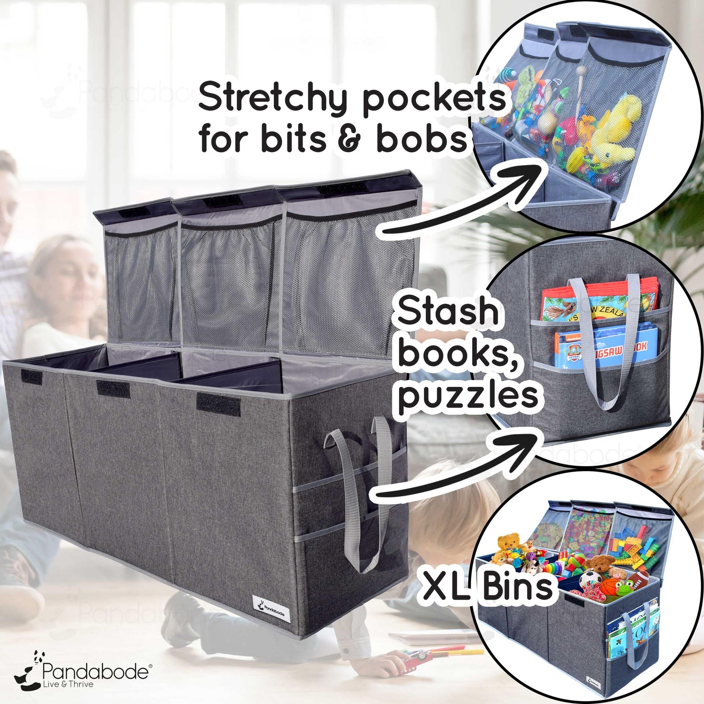 Pandabode Extra Large Toy Box - Big Sturdy Collapsible Chest - Toy Storage Organizer with Pockets - for Living Room or Kids bedroom- 36 x 16 x 12 in - Grey