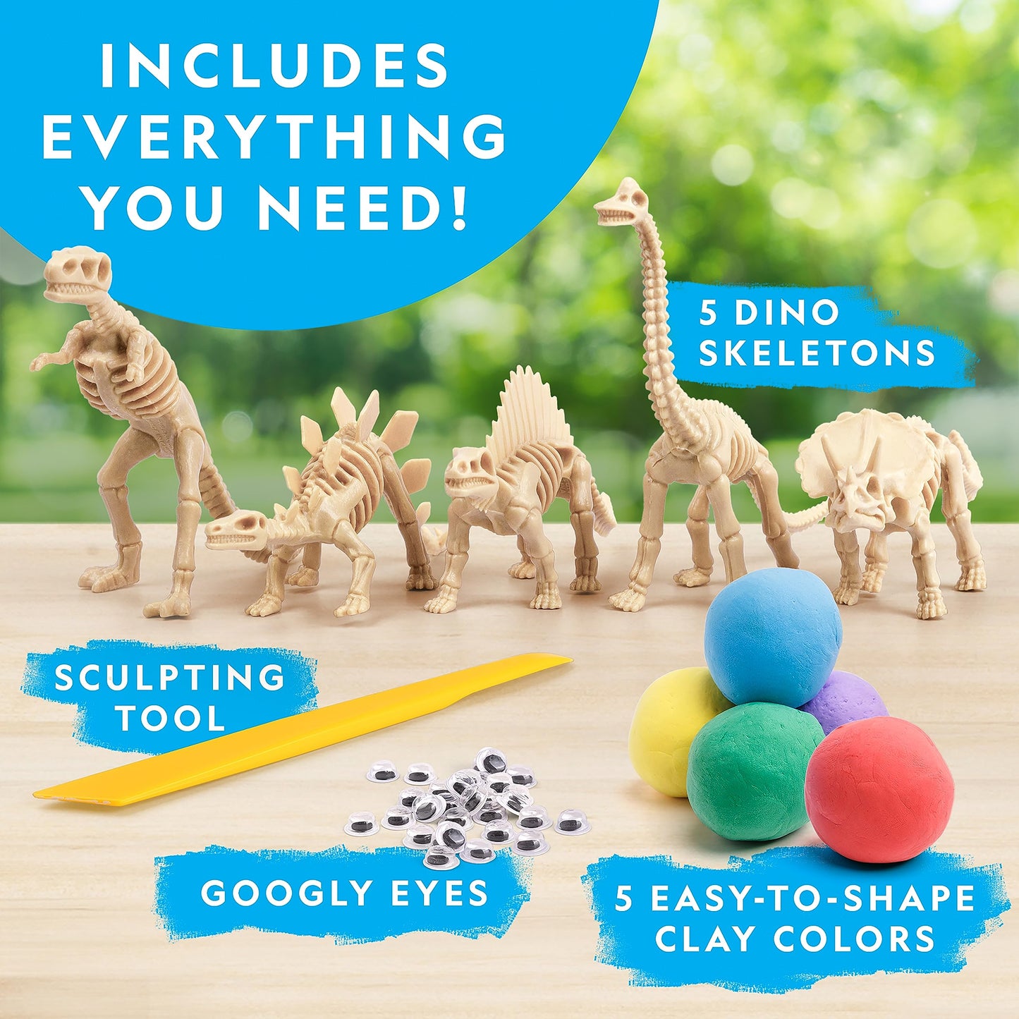 Blue Marble National Geographic Clay Dinosaur Arts & Crafts Kit - Air Dry Clay for Kids with 5 Clay Colors, 5 Dino Skeletons & Googly Eyes, Dinosaur Activity for Girls and Boys Ages 4 5 6 7 8 9 & 10