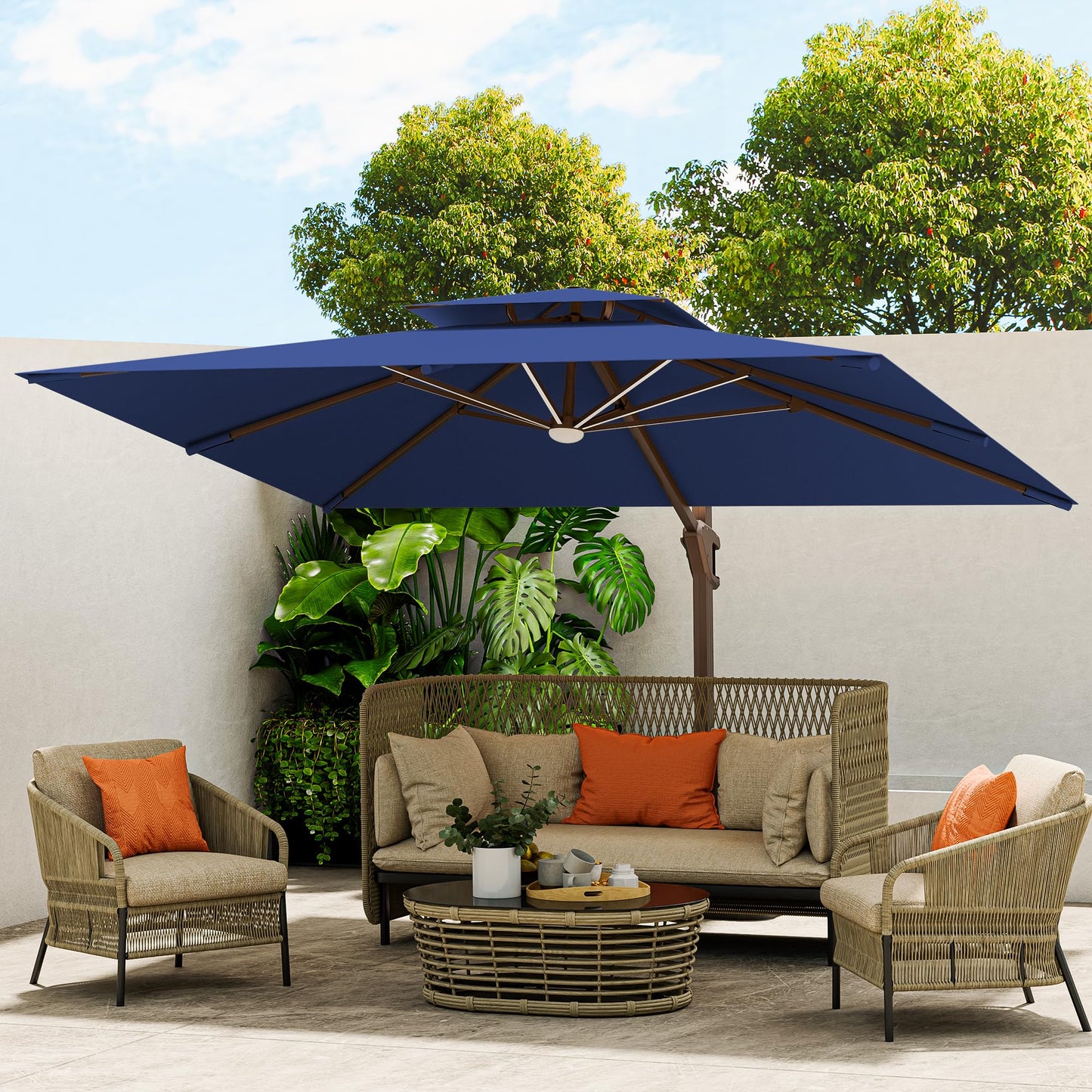 MEVBC 10 X 13 FT Cantilever Outdoor Patio Umbrella with LED Lights Large Heavy Duty 360° Rotation Double Top Offset Rectangular Umbrellas for Backyard Garden Pool Outside Deck, Navy